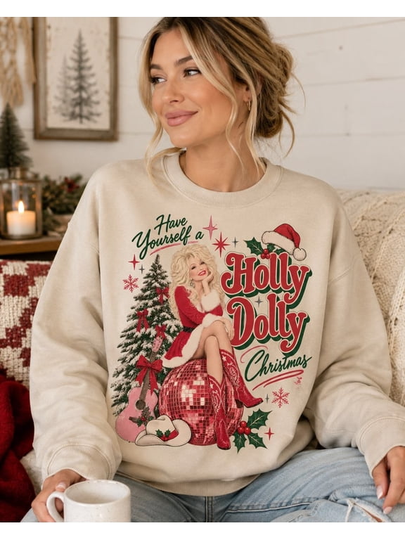 Holly Dolly Christmas Memorial Sweatshirt, Retro Country Music Graphic Crewneck
