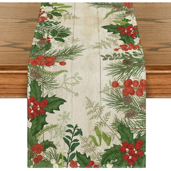 Holly Fir Wood Pine Cone Leaves Christmas Table Runner, Seasonal Winter Holiday Kitchen Dining Table Decoration for Home Party Decor 13x120 Inch
