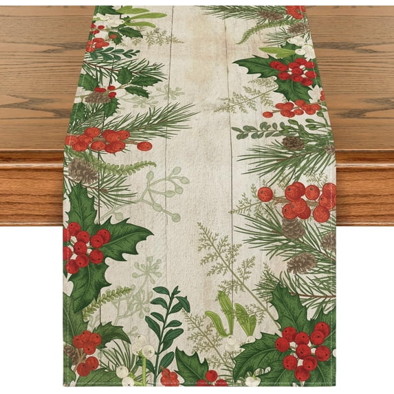 Holly Fir Wood Pine Cone Leaves Christmas Table Runner, Seasonal Winter Holiday Kitchen Dining Table Decoration for Home Party Decor 13x72 Inch
