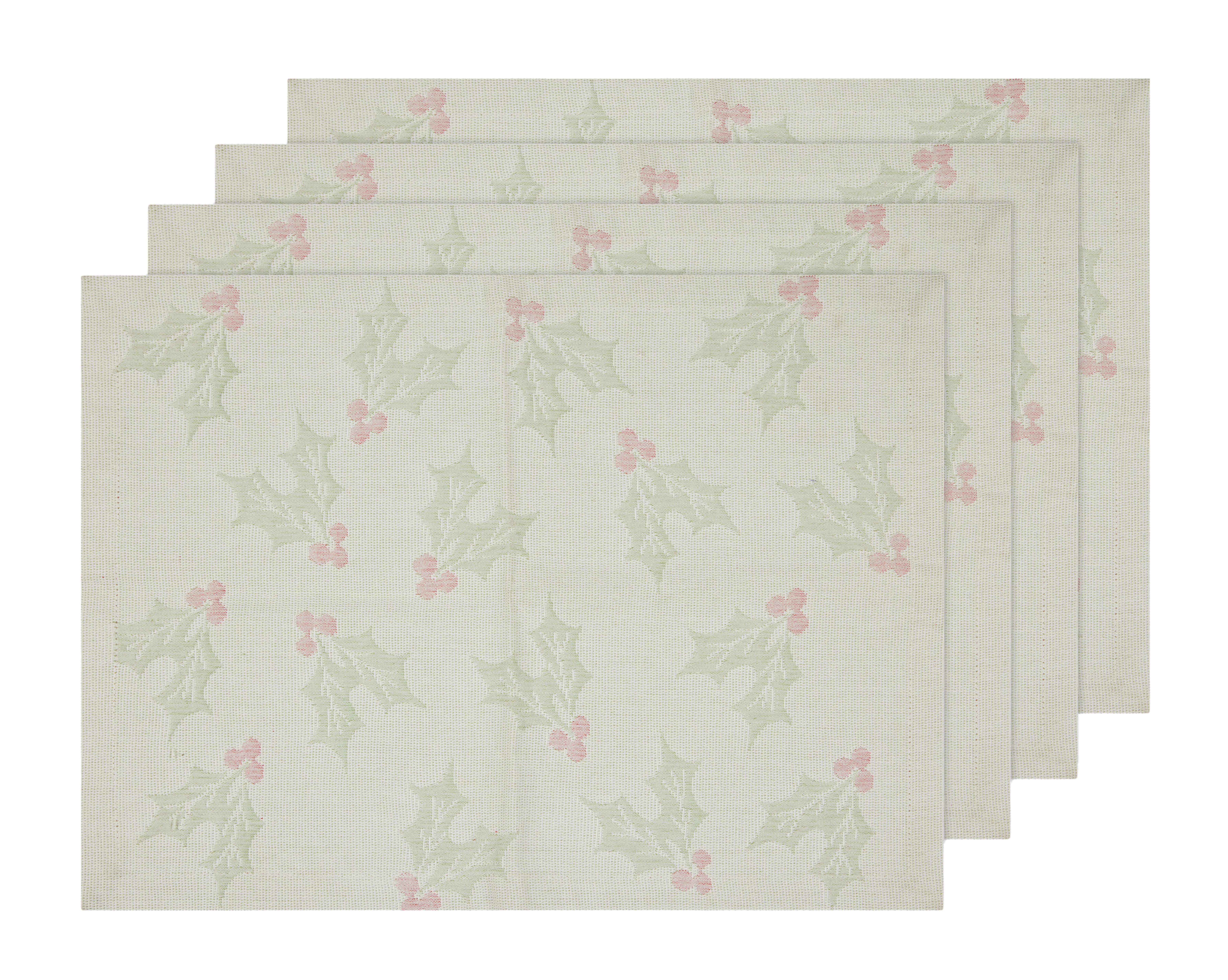 Holiday Holly Jacquard 4 Pack Table Placemat Set - 13" x 19" - 100% Cotton, Multi-Color