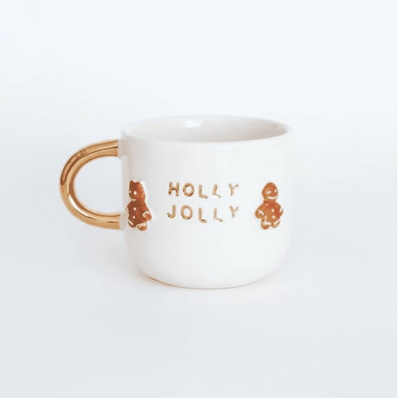 10 oz / 300 ml Holly Jolly Ceramic Mug With Gold Handle & Gingerbread Detailing