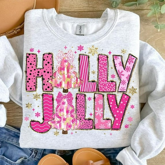 Holly Jolly Coquette Christmas Tree Sweater, Bright Color Holiday Shirt, Pink Bow Dalmatian Dots, Girly Festive Brushstroke Christmas Top