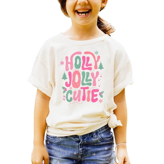 Holly Jolly Cutie Shirt for Girls Festive Christmas Graphic Tee for Kids Natural Shirt 4T