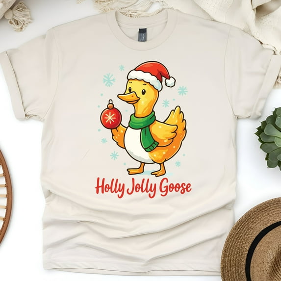 Holly Jolly Goose Shirt | Funny Goose Graphic Tee for Adults, Natural, Size M