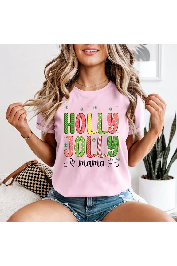 Holly Jolly Mama Womens T-Shirt Festive Graphic Top All Size S-5XL