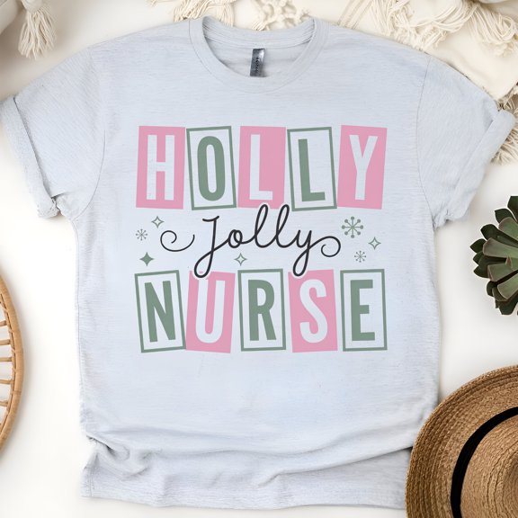 Holly Jolly Nurse Graphic T-Shirt with Fun Letter Design, Ash, Size M