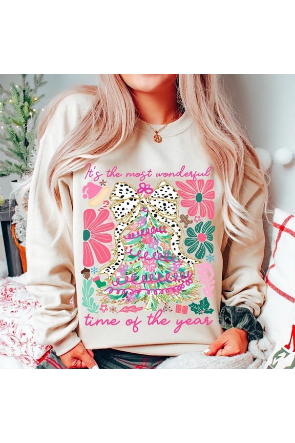 Holly Jolly Pink Christmas Tree Sweater, Coquette Boho Girly Glitter Brushstroke Sweatshirt