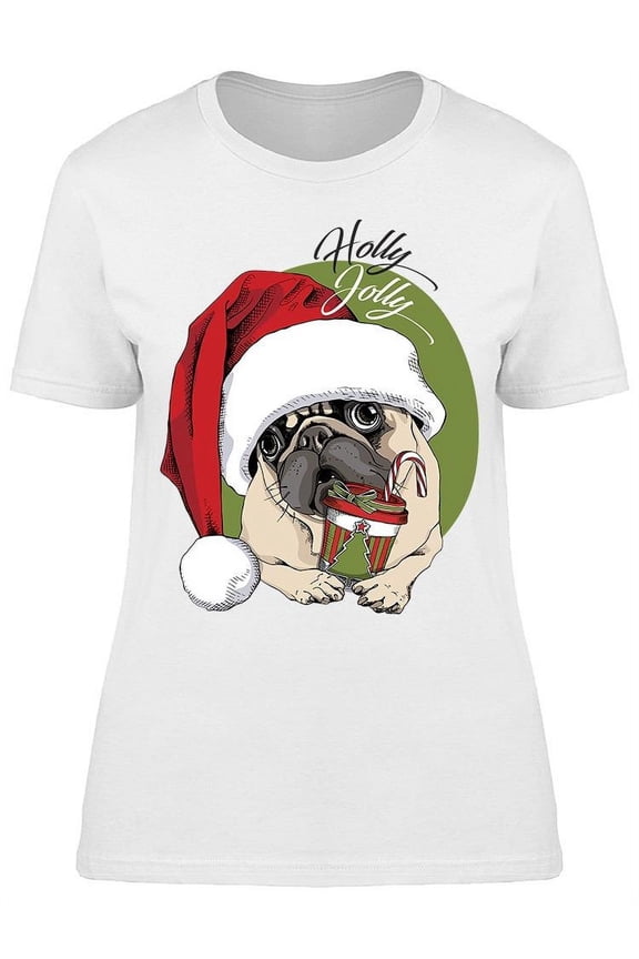 Holly Jolly Pug With Coffee T-Shirt Women -Image by Shutterstock, Female Large