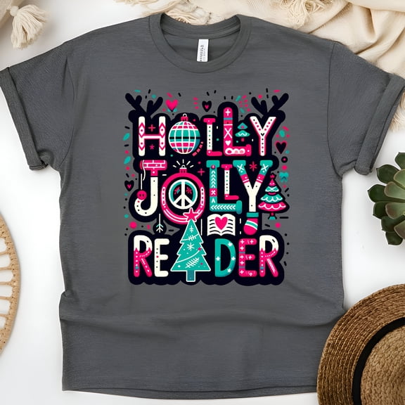 Holly Jolly Reader T-Shirt | Festive Book Lover Holiday Graphic Tee, Dark Heather, Size XL