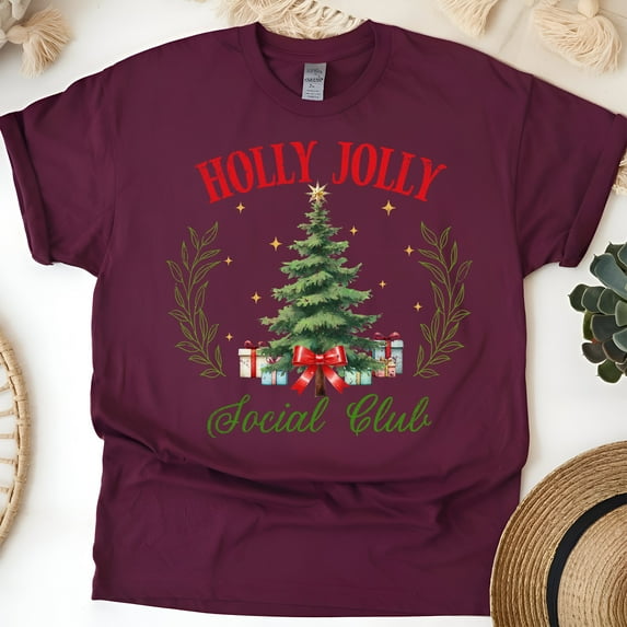 Holly Jolly Social Club T-Shirt | Christmas Tree Graphic Tee, Maroon, Size S
