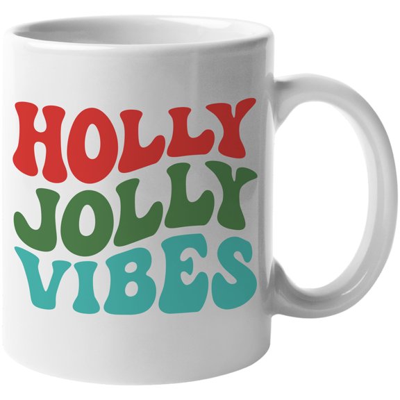 Holly Jolly Vibes, Christmas, Groovy Retro Wavy Text Merch Gift, White 11oz Ceramic Mug