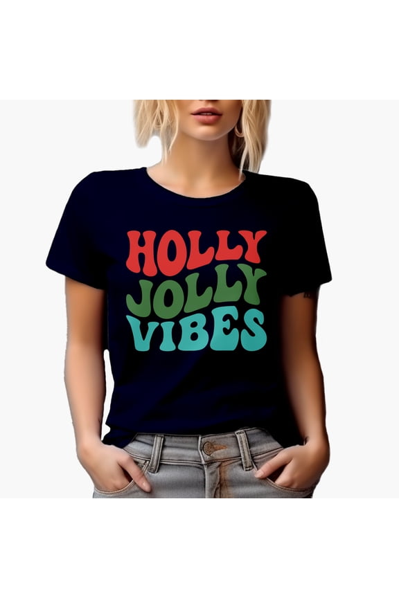Holly Jolly Vibes, Christmas or Winter Season Themed, Groovy Retro Wavy Text Merch Gift, Navy Blue T-Shirt, Small