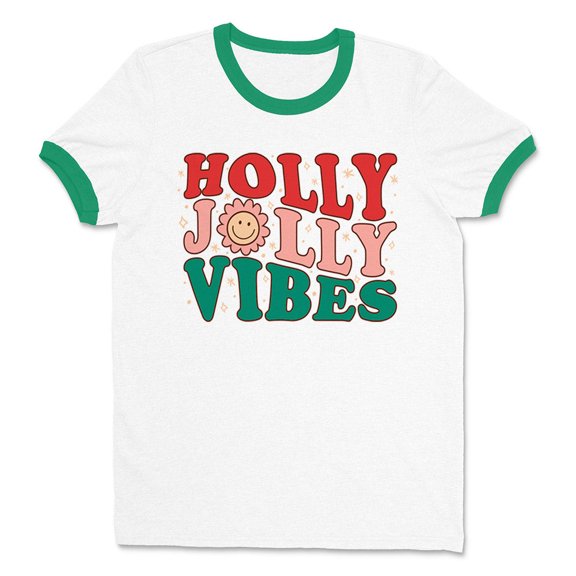 Holly Jolly Vibes Ringer Tee Shirt Unisex Small White/Kelly Green