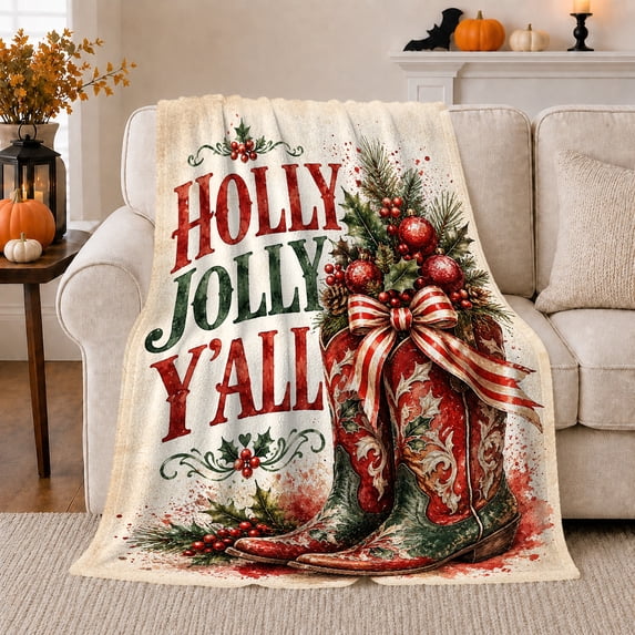 Holly Jolly Y'All Christmas Cowboy Boots, Festive Holiday Scene, Warm Flannel Blanket for Living Room and Reading Nook, Art Lovers Christmas Gift, Festive Home Decor