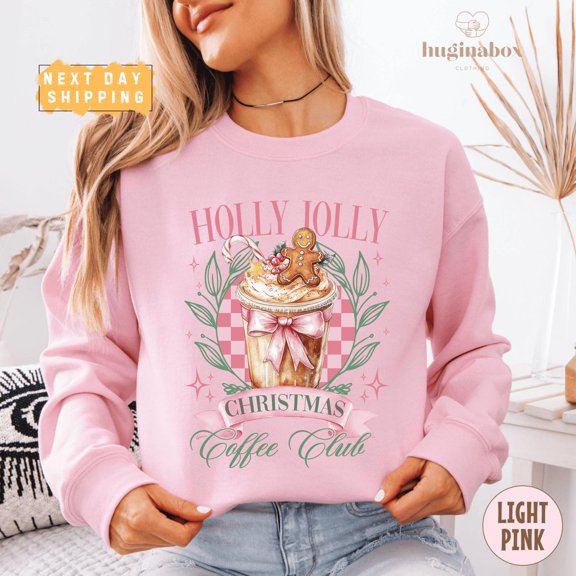 Holly Jolly season Sweatshirt, Coffee Club Pullover with Whipped Cream, Gingerbread, Candy Cane, Pink Bow, Festive season Cup Design All Size S-5Xl