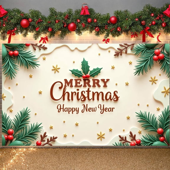 Holly Leaves Christmas Banner Red Berries Xmas Display Golden Stars Snowflakes New Year Backdrop for Christmas Party New Year Celebration Indoor Decoration