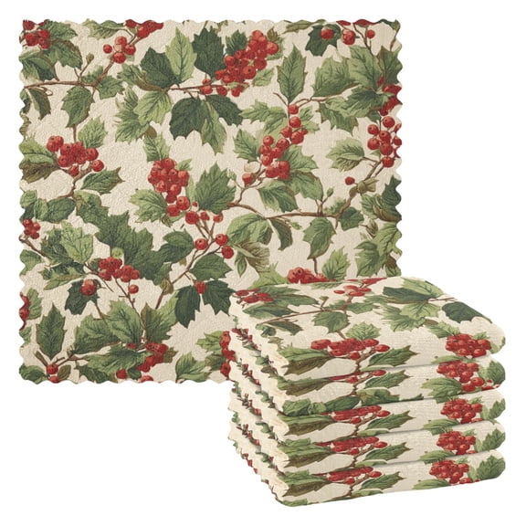 Holly Leaves Mistletoe Christmas Dish Cloths Dish Towels Cleaning Cloths Quick Drying Reusable 11" x 11" Set of 6