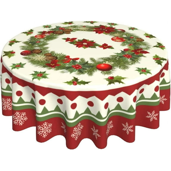 Holly Leaves Wreath Round Tablecloth 60 inch Winter Decor Red Poinsettia Wreath Table Cloth Polyester Fabric Seasonal Table Covers for Christmas Day Party Potluck Outdoor Indoor Decorations
