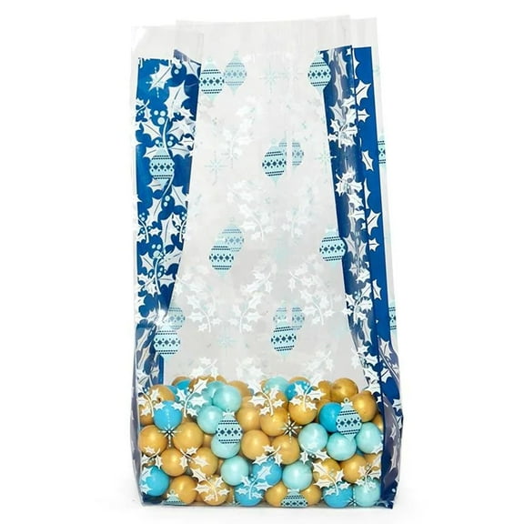Holly Leaves and Ornaments Clear Cello Treat Bags - 7 1/2 x 3 1/2 x 2in. - 20 Bags (751010036)