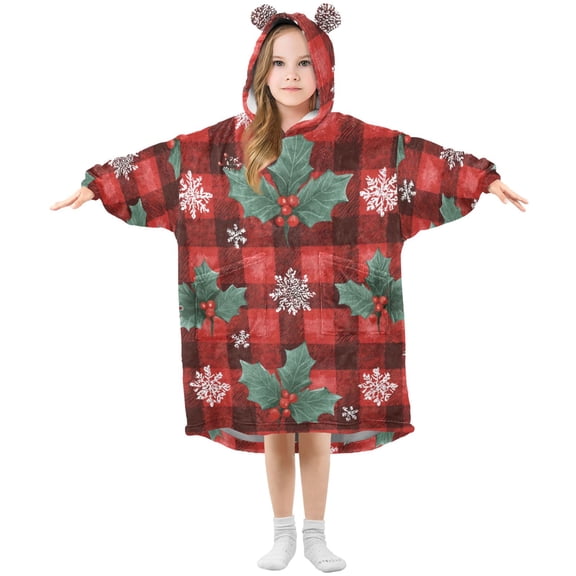 Holly Leaves with Snowflakes Christmas Red Plaids Flannel Wearable Blankets Hooded Design Long Sleeves Wrap Unisex for 3T-14Y L