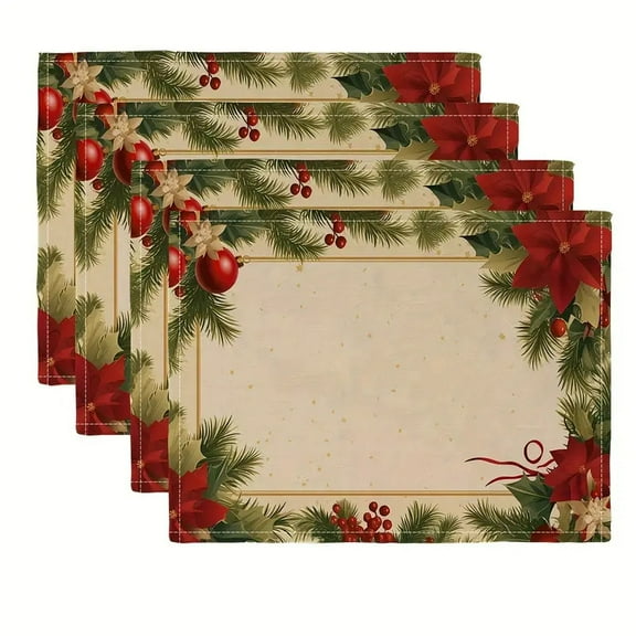 Holly Pine Cone Christmas Placemats Set of 4, 12x18 Inch Seasonal Winter Table Mats for Party Kitchen Dining Decoration