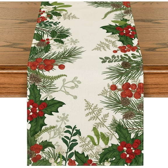 Holly Pine Cone Christmas Table Runner, Seasonal Winter Kitchen Dining Table Decoration for Home Party Decor 13x36 Inch