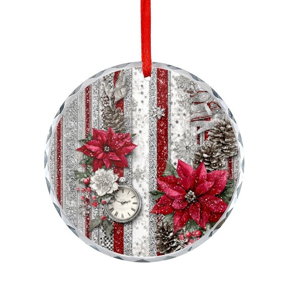 Holly And Poinsettia Red with Silver Ribbon Vintage Christmas Xmas Ornament Holiday Ornaments Decoration for Home Red & White Floral Round Christmas Ornament