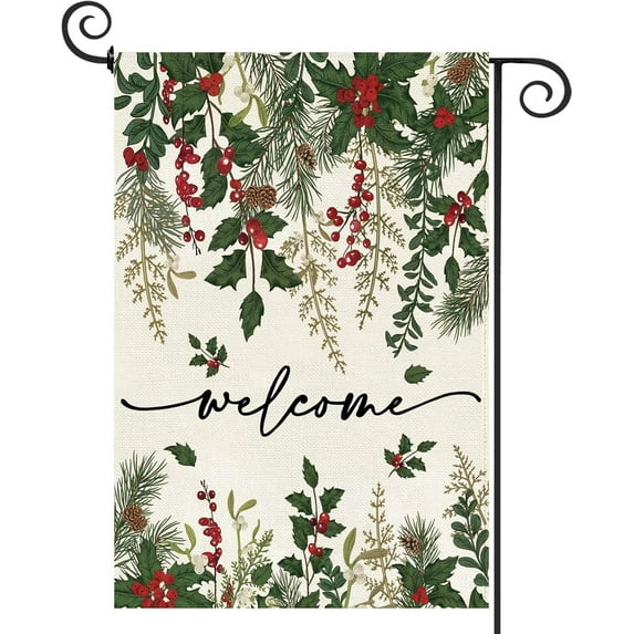 Holly Red Berries Christmas Garden Flag 12x18 Inch Double Sided Poinsettia Floral Welcome Winter Flag Farmhouse Vintage Outside Outdoor Yard Holiday Yard Decoration