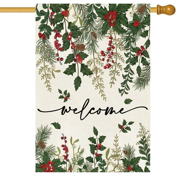 Holly Red Berries Christmas House Flag 28x40 Inch Double Sided Poinsettia Floral Welcome Winter Lage Garden Flag Farmhouse Vintage Outside Outdoor Yard Holiday Decoration