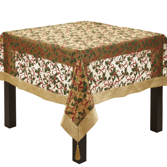 Holly Ribbon Holiday Christmas Sheer Tablecloth W/ Gold Satin Border And Tassels (54 Inch Square)