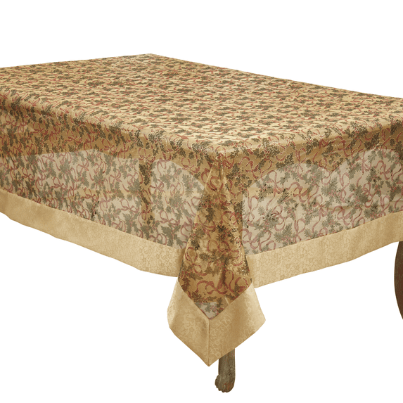 Holly Ribbon Holiday Christmas Sheer Tablecloth W/ Gold Satin Border and Tassels (65"x84" Rectangular)