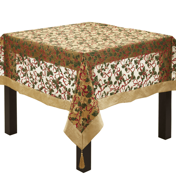 Holly Ribbon Holiday Christmas Sheer Tablecloth with Gold Satin Border and Tassels (36-inch Square)