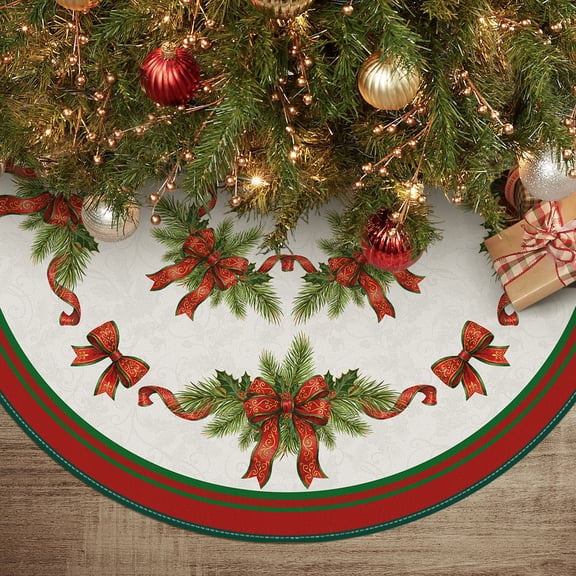 Sm:)e Holly Ribbon Pines Christmas Tree Skirt 36 Inch, Christmas Winter Holiday party tree mat indoor outdoor decoration