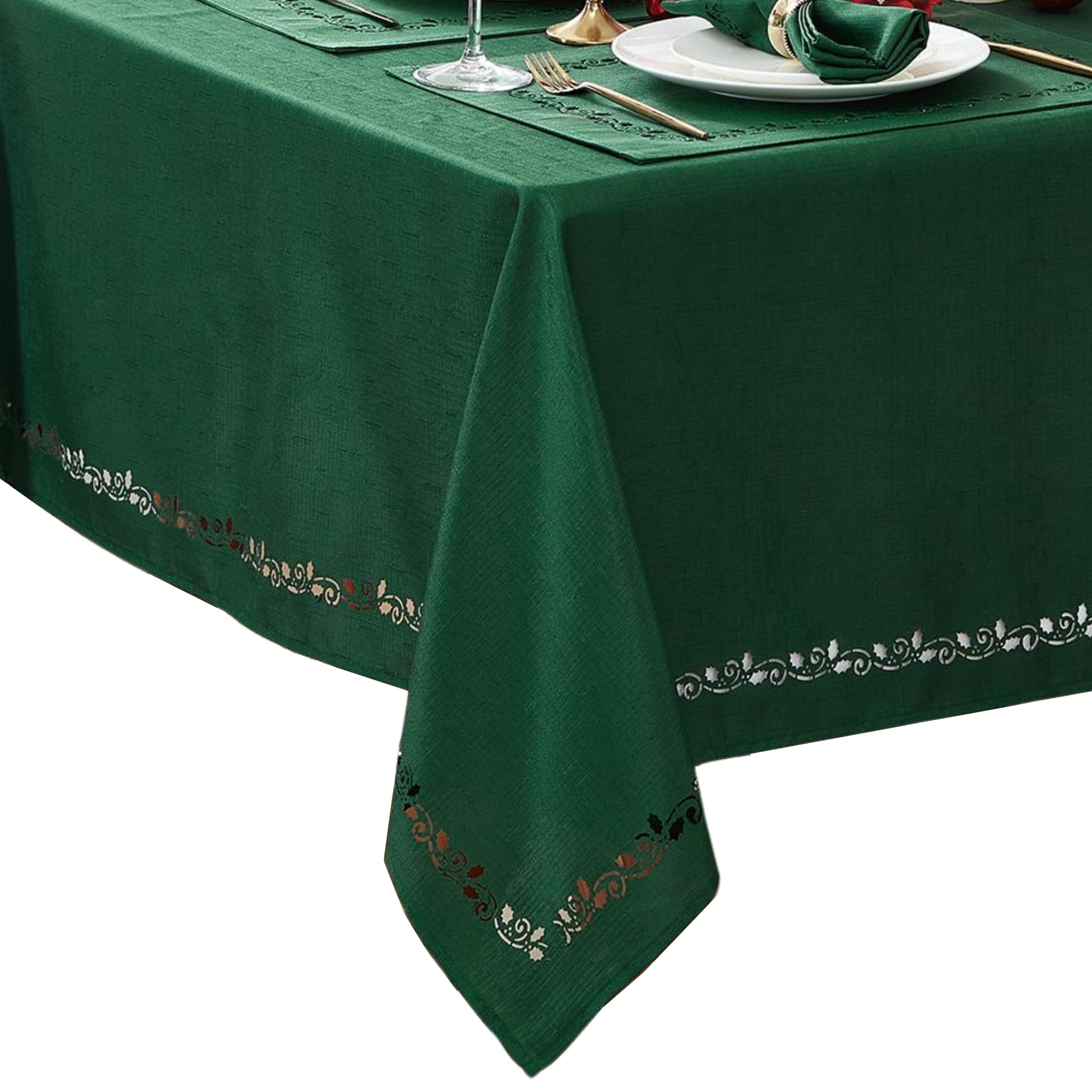 Green Laser Cut Holly Scrollwork Winter Tablecloth, 52x70