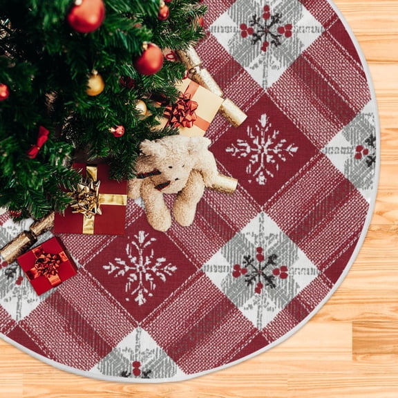 Holly Snowflakes Christmas Pattern on Red Plaids Christmas Tree Skirt Opening Design Floor Mat Holiday Decor 35 inch