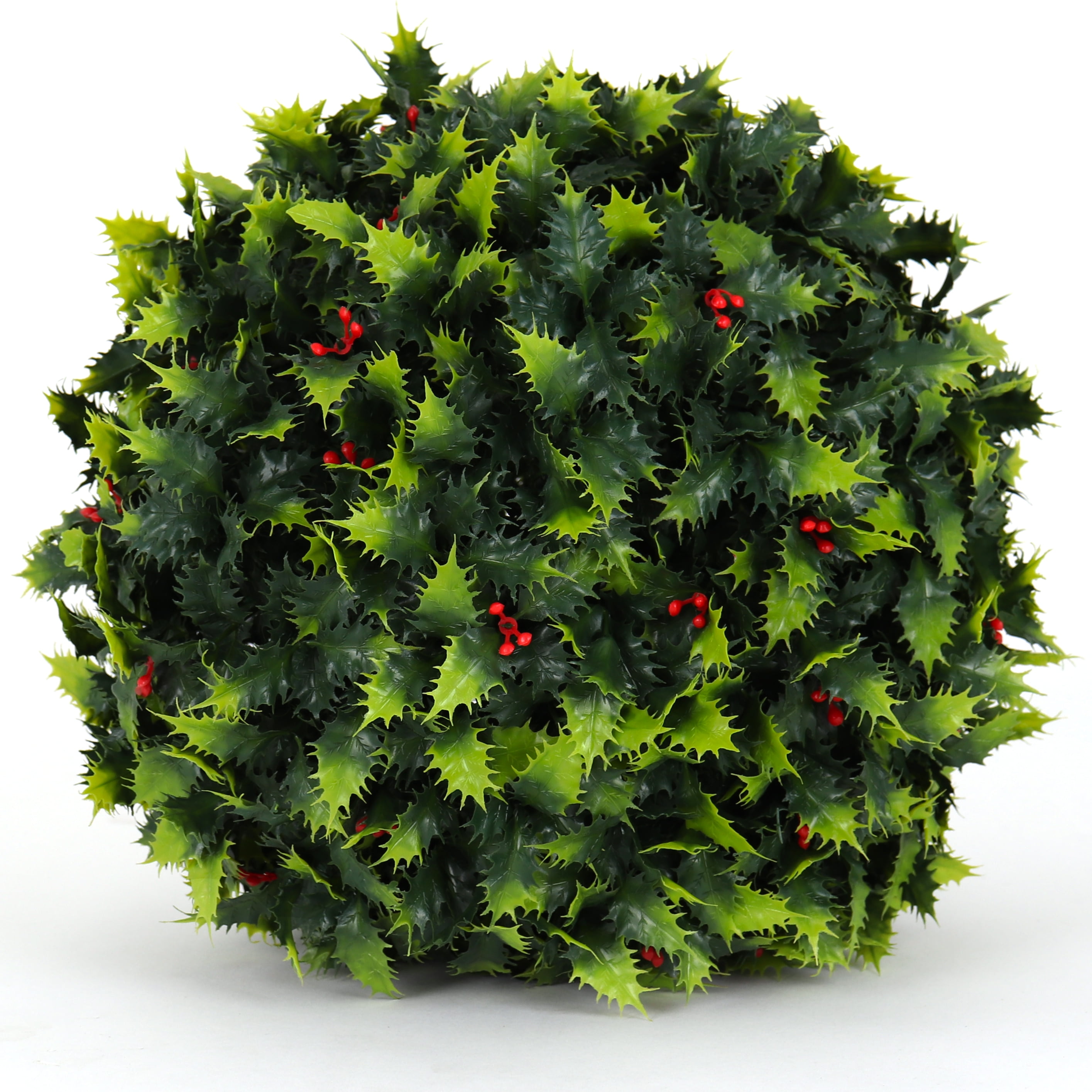 11" Green and Red Plastic Holly Topiary Ball Centerpiece