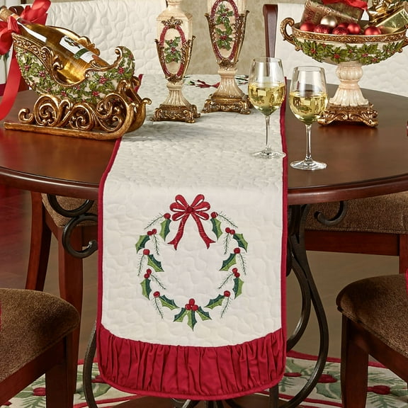 Holly Wreath Table Runner Ivory 14 x 72