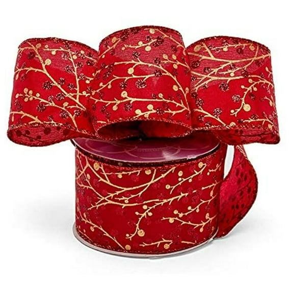 Holly and Berries On Red Satin Wired Ribbon (Glitter Accents) - 2-1/2 Inches Wide X 10 Yards (56113401)