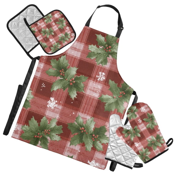 Holly with Berries Snowflake Christmas Red Plaids Apron Set with Oven Mitts Pot Holders Set of 5 Kitchen Stuff Accessories