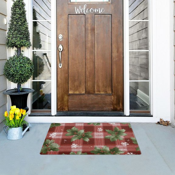 Holly with Berries Snowflake Christmas Red Plaids Doormats Welcome Mats Gate Pads Entryway Outdoor 32" x 20"