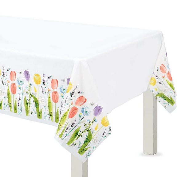Elegani Easter Tulip Garden Plastic Table Cover 54" x 102" Festive Spring Tablecover