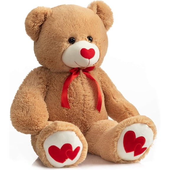 HollyHOME Big Teddy Bear with Red Heart Large Giant Plush Toy Stuffed Animal for Girlfriend Wife and Kids Valentine's Day Gift 36 inch Tan