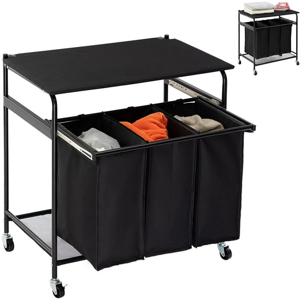 HollyHOME Rolling Laundry Sorter Cart with Openable Ironing Board and 3 Side Pull Laundry