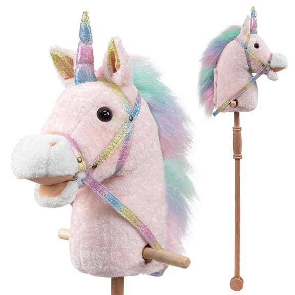 HollyHOME 36 Inch Unicorn Stick Horse Handcrafted Hobby Horse with Wooden Handle Real Pony Neighing and Galloping Sounds Pretend Play for Kids Pink