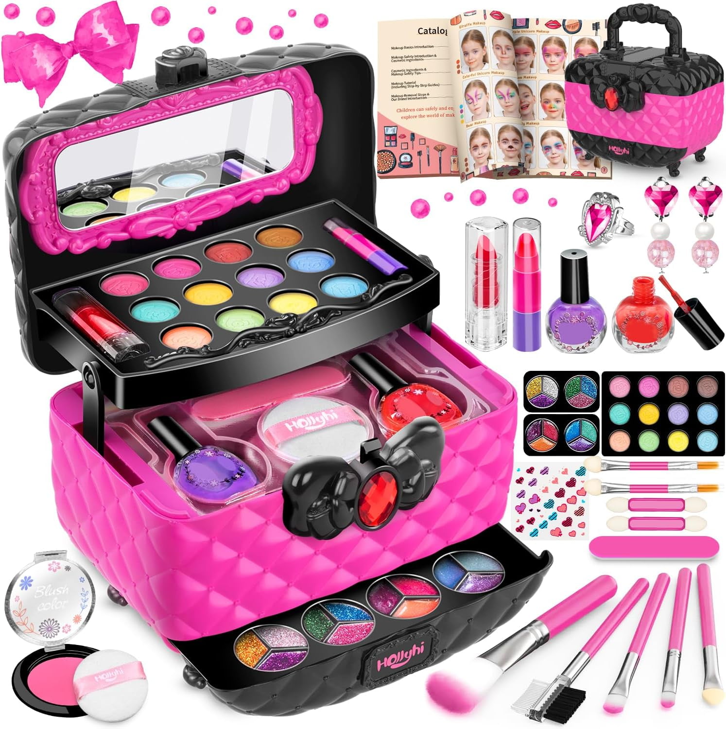 Hollyhi 41 Pcs Kids Makeup Toy Kit for Girls Washable Makeup Set Toy with Real Cosmetic Case for Little Girl Pretend Play Makeup Beauty Set Birthday