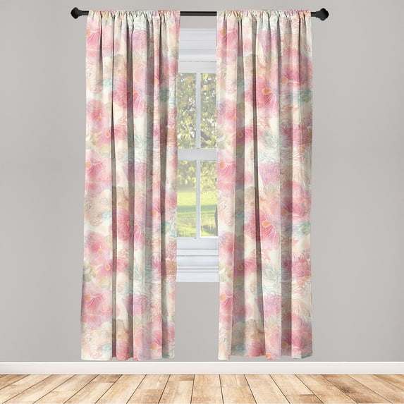 Hollyhock Window Curtains, Simple Boho Floral Silhouette and Outline Pattern on Jumble Back Print, Lightweight Decor 2-Panel Set with Rod Pocket, Pair of - 28"x95", Pale Pink Peach Coral, by Ambesonne