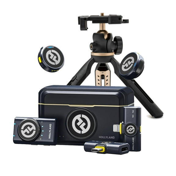 Hollyland LARK M2 DUO 2-Person Wireless Combo Microphone System (Shine Charcoal) Bundle with Mini Extendable Tripod with Built-In Phone Mount for Content Creators (2 Items)