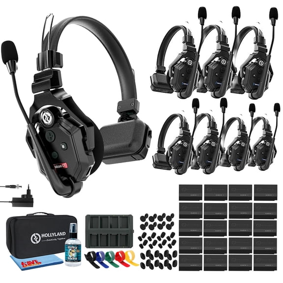 Hollyland Solidcom C1-8S Full-Duplex Wireless DECT Intercom System | 8 Headsets, 1000ft Range, Echo Cancellation | Cleaning Cloth + Headphone Kit + Cable Ties