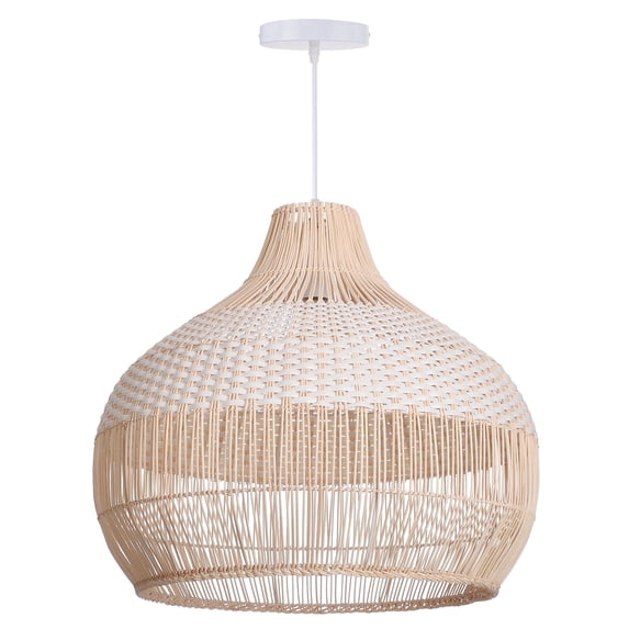 Hollymoon White Handwoven Rattan Boho Pendant Lighting Fixtures, Wicker Hanging Ceiling Light Chandelier, Handmade Woven Basket Lampshade for Kitchen Island