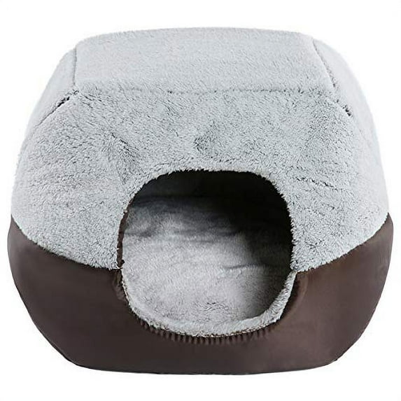 Hollypet Coral Velvet Self-Warming 2 in 1 Foldable Cave House Shape Nest Pet Sleeping Bed for Cats and Small Dogs, Gray